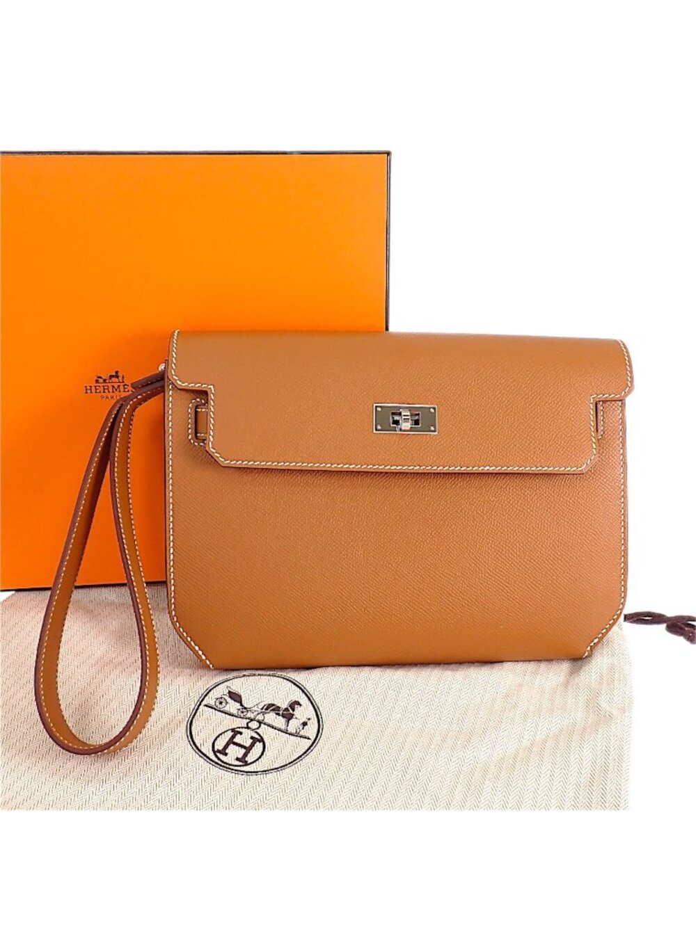 Hermes Kelly Depeches 25 Clutch Genus Veau Epsom Brown Silver